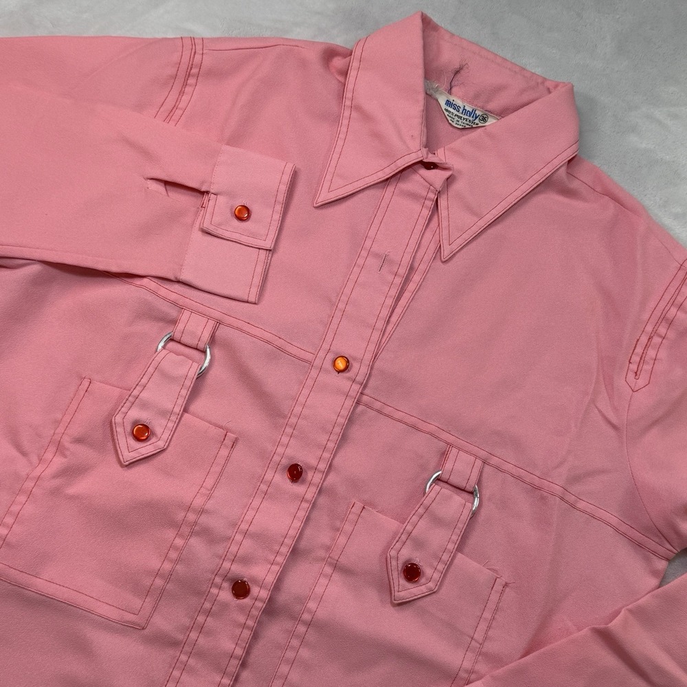Vintage 70s Miss Holly Pink Disco Shirt Jacket Womens 36 Mod Retro D Ring